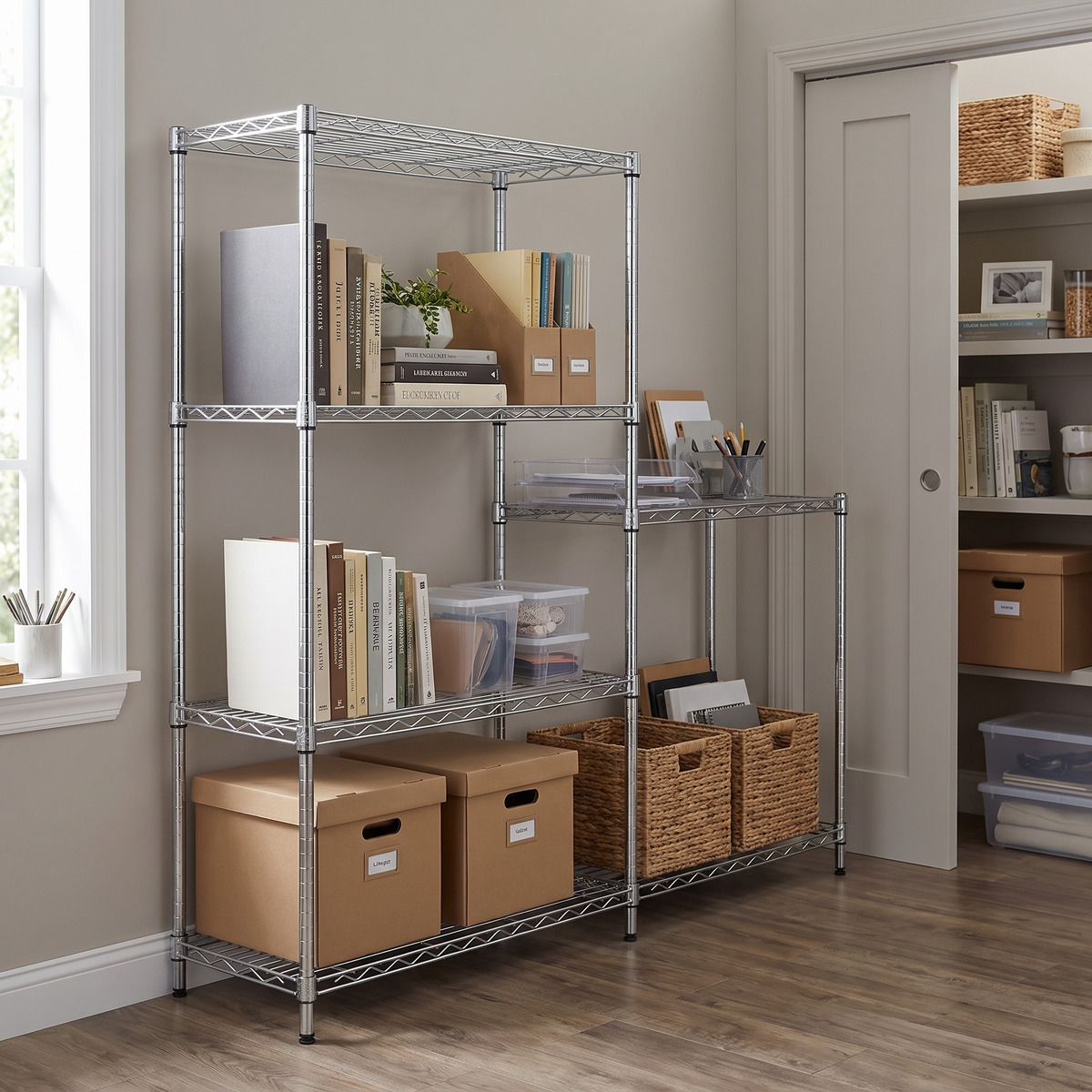 Silver 5-tier shelving rack in a home office holding books and boxes