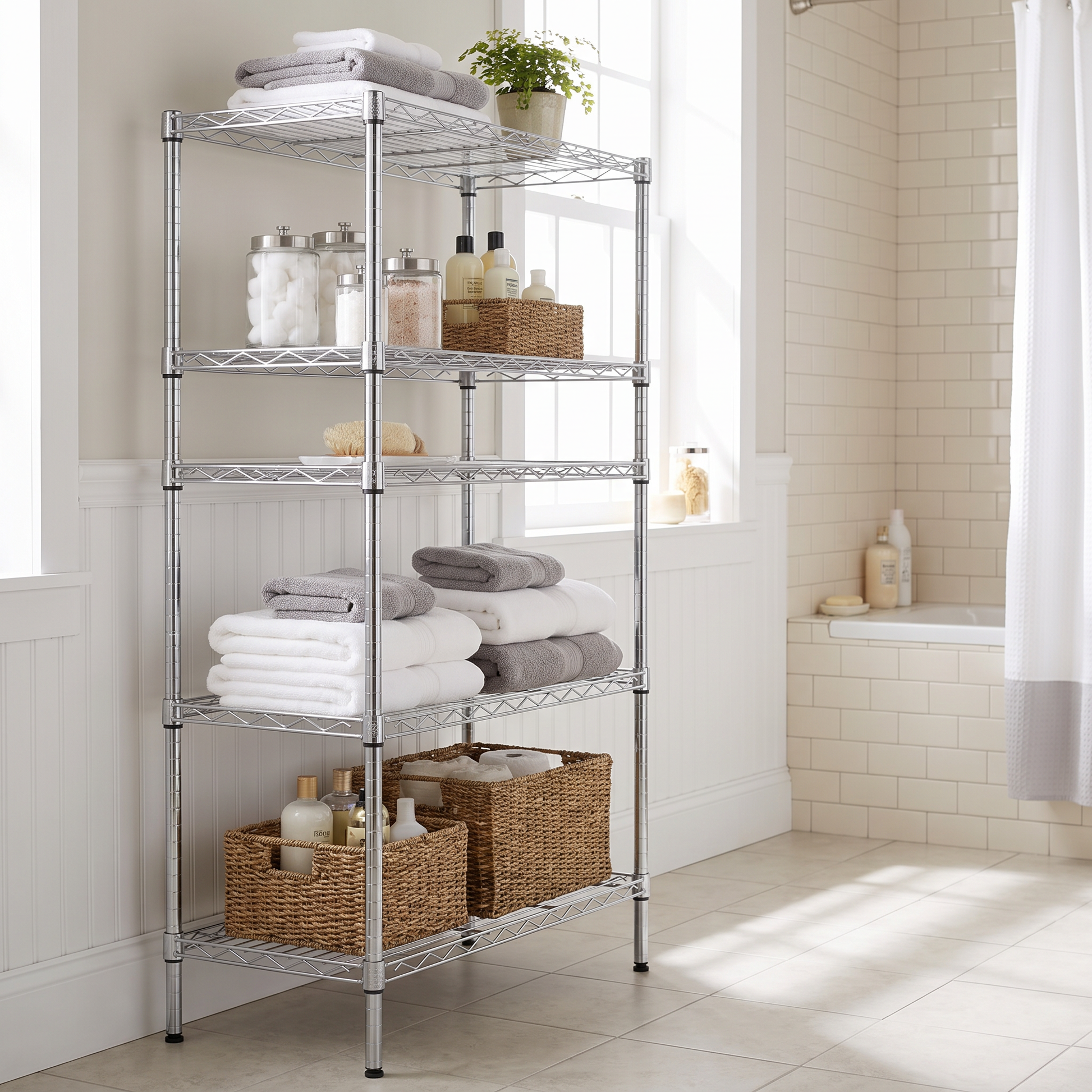 Silver 5-tier shelving rack in a bathroom holding towels and toiletries
